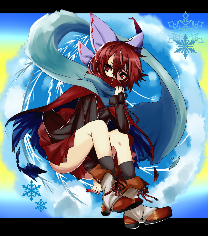 black_legwear blue_scarf boots bow cape covered_mouth hair_bow hair_ornament highres hiyori-1108 long_sleeves looking_at_viewer purple_bow red_cape red_eyes red_hair red_ribbon red_skirt ribbon scarf sekibanki short_hair skirt snowflakes socks solo torn_cape touhou