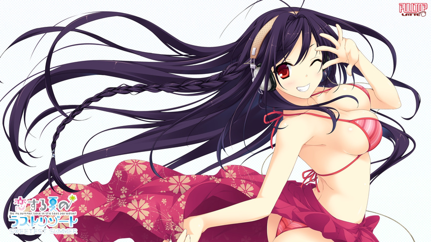 bikini black_hair headphones koisuru_natsu_no_last_resort kouzaki_umi long_hair marui red_eyes swimsuit