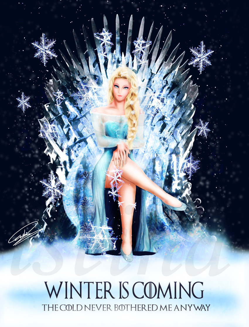 a_song_of_ice_and_fire anna blonde_hair elsa elsa_(frozen) frozen_(disney) game_of_thrones highres ice parody queen queen_elsa sitting snow snowflakes solo throne