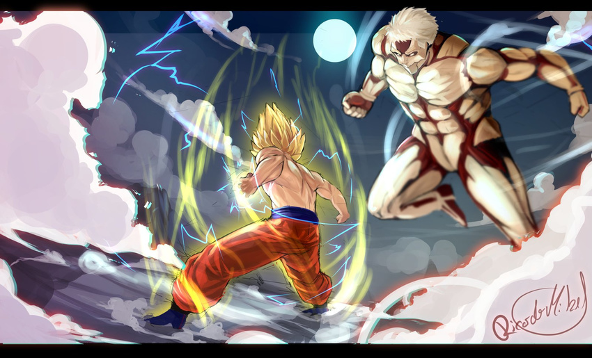 abs armored_titan battle crossover dragon_ball dragon_ball_z duel highres multiple_boys ricardothb shingeki_no_kyojin son_gokuu super_saiyan