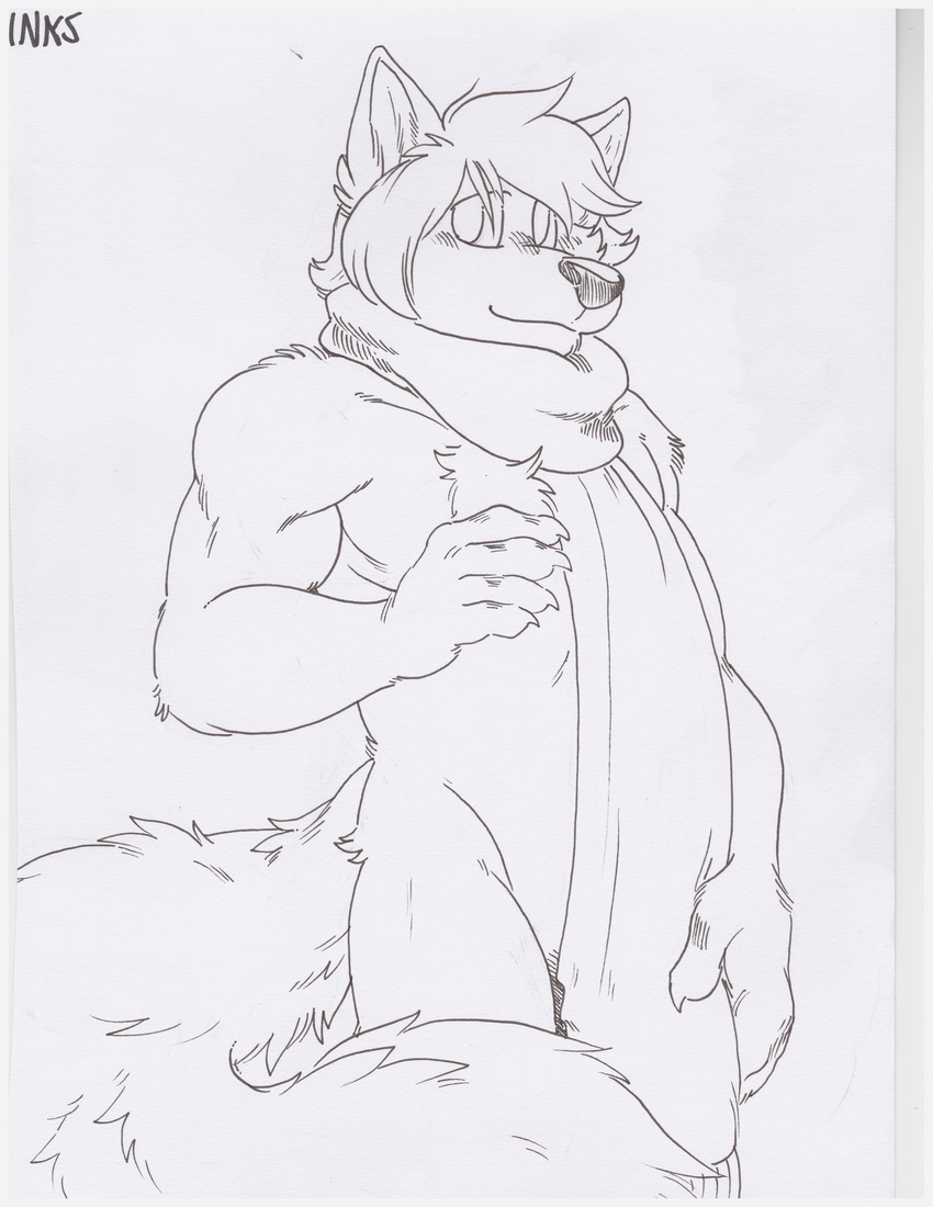 absurd_res anthro biceps black_nose blush bulge canine chest_tuft claws clothing drawn fox fur hair hi_res looking_at_viewer male mammal monochrome muscles plain_background pointy_ears scarf smile solo standing topless traditional_media tuft unknown_artist