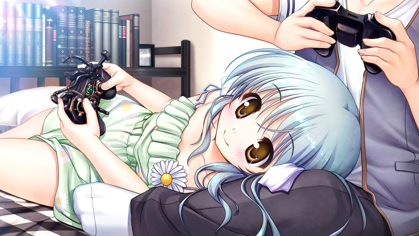 1girl aqua_hair bekkankou blush book brown_eyes clock controller daitoshokan_no_hitsujikai dress floral_print flower game_cg game_controller gamepad hair_ribbon lap_pillow lying on_side playing_games print_dress ribbon strap_slip sundress sunflower ureshino_sayumi