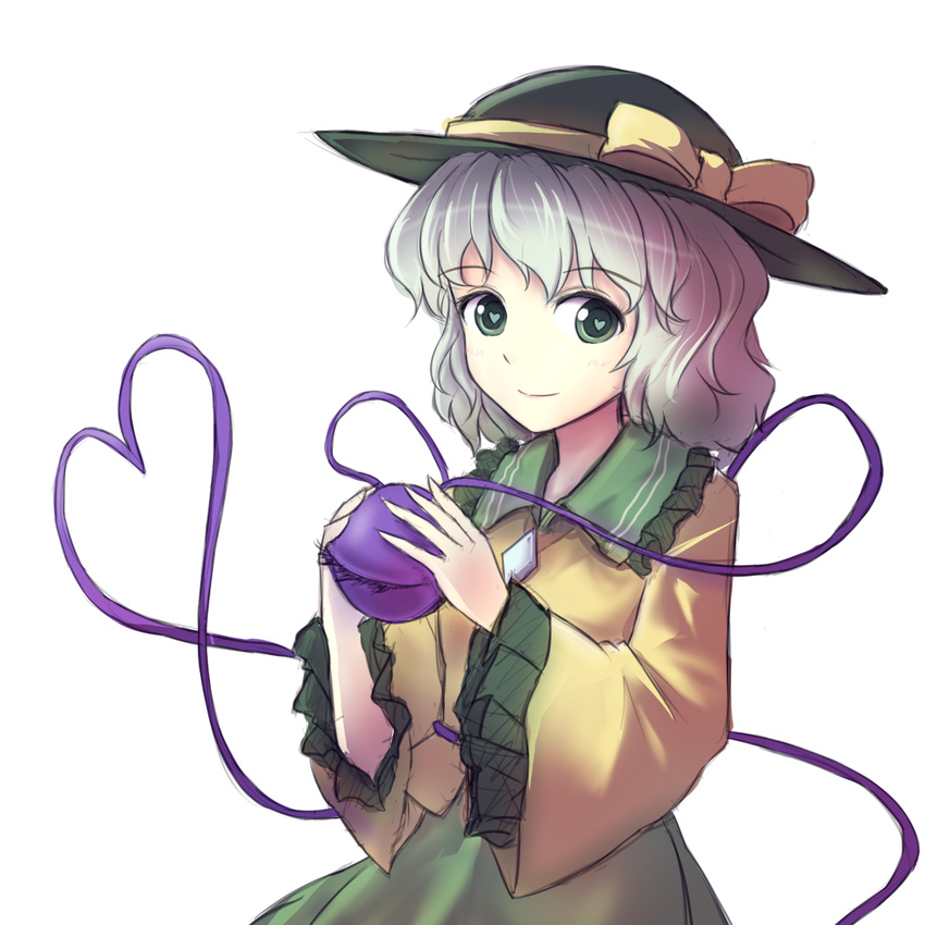 bad_id bad_pixiv_id blouse green_eyes hat hat_ribbon heart heart-shaped_pupils heart_of_string highres komeiji_koishi long_sleeves looking_at_viewer minust ribbon short_hair silver_hair simple_background smile solo symbol-shaped_pupils third_eye touhou upper_body white_background