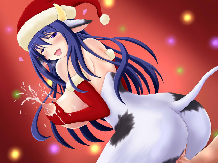 1girl animal_ears areolae areole blue_hair breast_milk breasts censored christmas cow_ears cow_tail elbow_gloves erect_nipples from_behind fur girl_on_top gloves groping hat holstaurus horns huge_breasts lactation long_hair looking_back milk milking monster monster_girl nipples purple_eyes santa_hat sex smile tada_boy tail vaginal