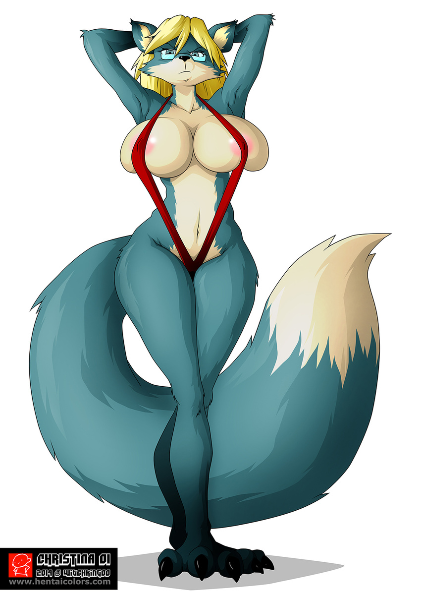 angry anthro areola big_breasts bikini blonde_hair blue_eyes blue_fur breasts canine clothed clothing erect_nipples eyewear female fox frown fur glasses hair huge_breasts looking_at_viewer mammal navel nipples skimpy sling_bikini solo swimsuit witchking00