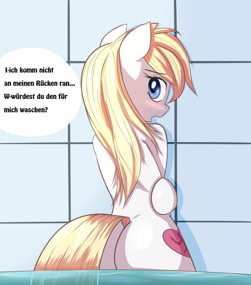 aryanne_(character) aryanne_(mlp) big_butt blonde_hair blue_eyes blush butt cutie_mark dialog equine female feral german_text hair horse looking_at_viewer mammal my_little_pony nazi pony solo swastika text