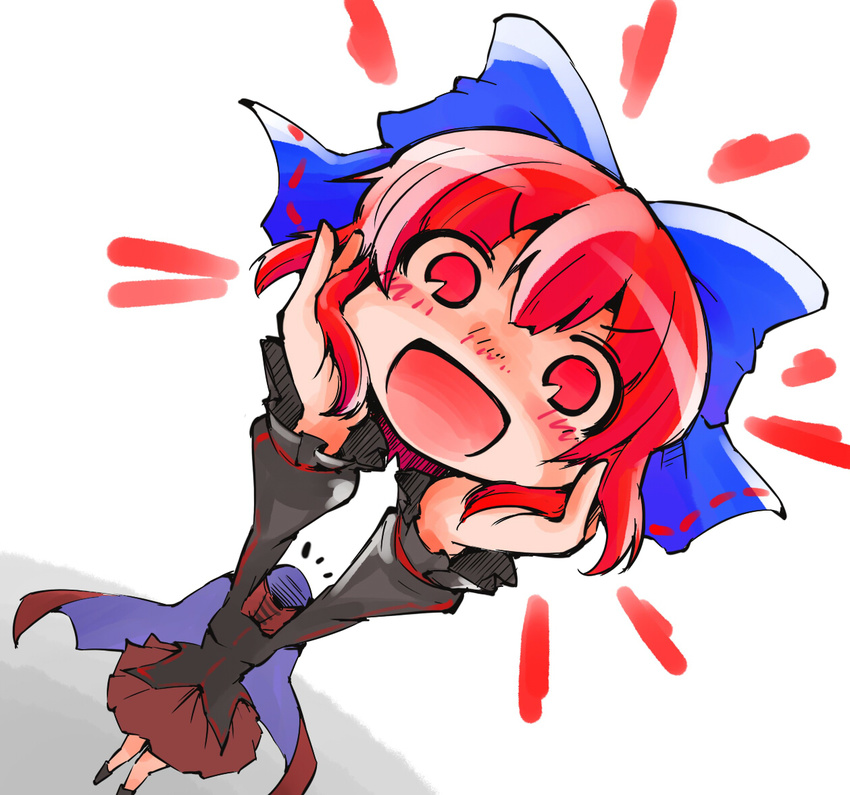 :d bow cape check_commentary commentary commentary_request disembodied_head hair_bow head_lift headless long_sleeves looking_at_viewer open_mouth red_eyes red_hair sekibanki shinapuu shirt skirt smile solo touhou
