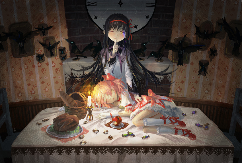 akemi_homura apple basket bird black_hair bread brick_wall candle candy chair checkerboard_cookie clock cookie crow food fruit hair_ribbon indoors jewelry kaname_madoka lying mahou_shoujo_madoka_magica mahou_shoujo_madoka_magica_movie multiple_girls one_eye_closed pink_hair plate ribbon running_bond seeker single_earring sleeping smile standing table you_gonna_get_raped