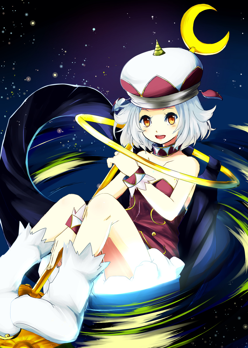 :d absurdres angol_mois bare_shoulders between_legs cape collar collarbone crescent crescent_moon dress hand_between_legs hat highres hiyori-1108 holding holding_weapon jewelry keroro_gunsou looking_at_viewer moon neck_ring open_mouth red_dress ring shoes short_hair silver_hair sky smile socks solo space spikes star_(sky) starry_sky tareme thighs weapon white_footwear white_legwear wrist_cuffs yellow_eyes