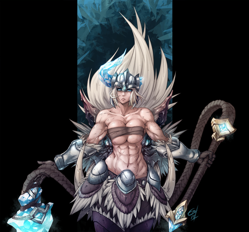 abs bare_shoulders blonde_hair blue_eyes breasts budget_sarashi cleavage faulds gauntlets gloves helmet horn huge_weapon hushabye large_breasts league_of_legends muscle muscular_female no_shirt sarashi scar sejuani short_hair solo underboob weapon