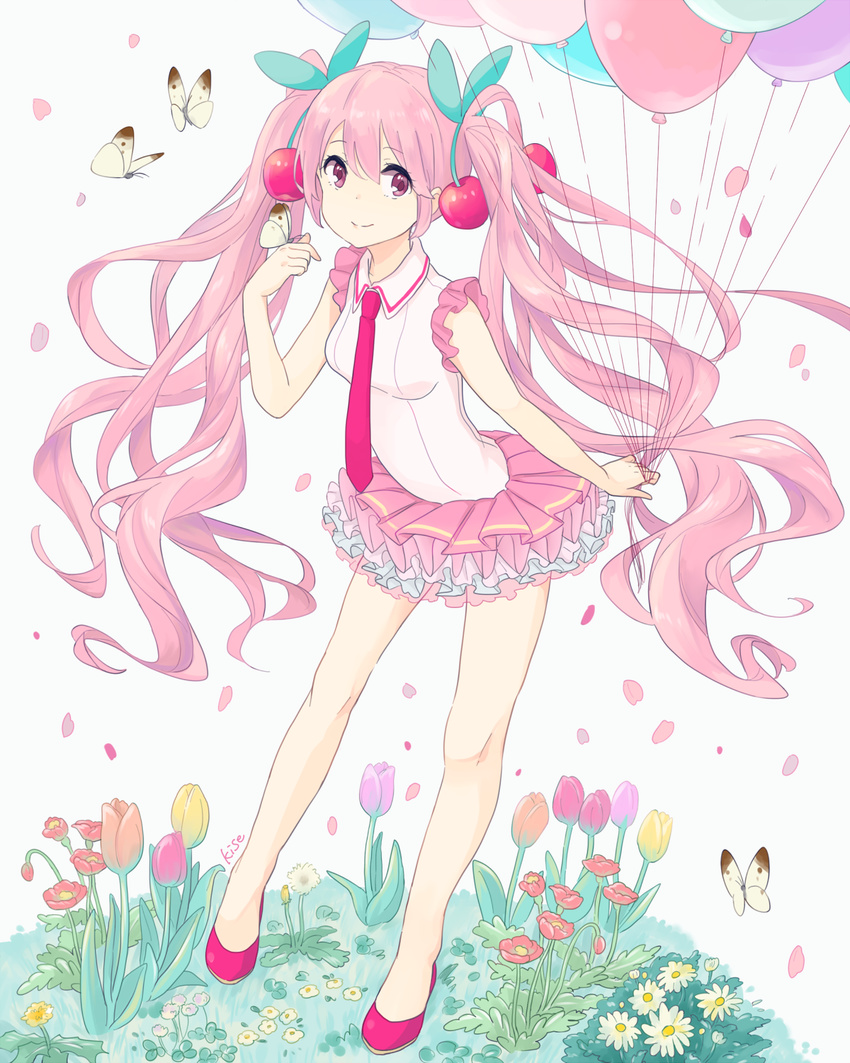 balloon bug butterfly cherry flower food fruit hatsune_miku highres insect kise_(swimmt) long_hair necktie pink_eyes pink_hair sakura_miku skirt smile solo twintails very_long_hair vocaloid white_background