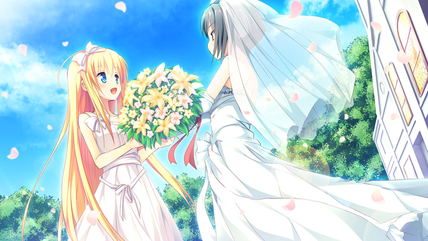 2girls alcot blonde_hair blue_eyes clover_day's flowers game_cg long_hair nimura_yuushi takakura_anri takakura_anzu wedding_attire