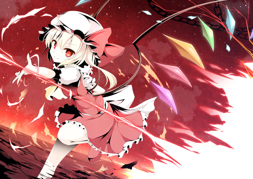 aibumi ascot bad_id bad_pixiv_id blonde_hair bow chain dress dutch_angle fire flame flandre_scarlet frilled_dress frilled_hat frills hat highres laevatein leg_up looking_at_viewer mary_janes red red_eyes red_sky shoes short_hair short_sleeves side_ponytail sky smirk solo touhou wings