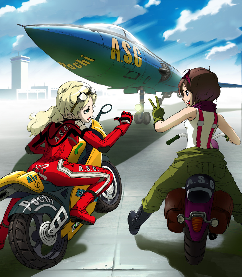 aircraft airplane biker_clothes bikesuit boots copyright_request gloves goggles ground_vehicle highres motor_vehicle motorcycle multiple_girls pochi_(hiroe_keisuke)