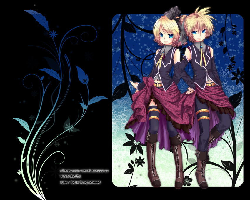 1girl bad_id bad_pixiv_id blonde_hair blue_eyes boots brother_and_sister chirota detached_sleeves hand_on_hip kagamine_len kagamine_rin romeo_to_cinderella_(vocaloid) short_hair siblings twins vocaloid