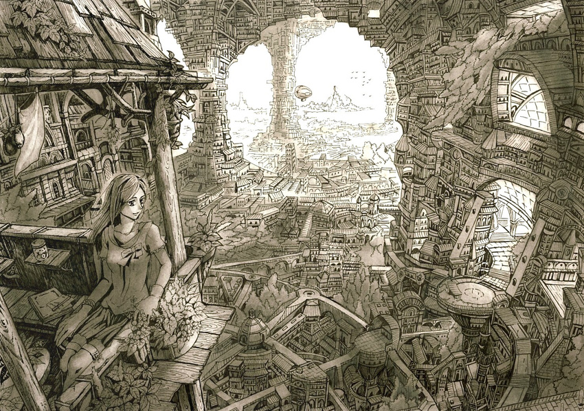 bad_id bad_pixiv_id balcony city cityscape long_hair mita_mitauzo monochrome original plant potted_plant scenery sepia