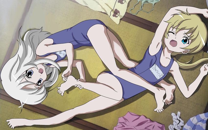 armpits bad_id bad_pixiv_id barefoot blonde_hair blue_eyes cain_highwind cecil_harvey fang feet final_fantasy final_fantasy_iv flat_chest genderswap higurashi_no_naku_koro_ni korin24 multiple_girls parody school_swimsuit silver_hair swimsuit third-party_edit tickling wallpaper