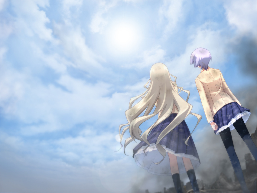 black_legwear blazer blonde_hair blue_hair chaos;head cloud dirty dust from_behind from_below from_ground game_cg jacket kishimoto_ayase kusunoki_yua long_hair looking_up matsuo_yukihiro miniskirt multiple_girls pantyhose plaid plaid_skirt pleated_skirt ruins school_uniform short_hair silver_hair skirt skirt_lift sky smoke socks standing sun very_long_hair wind wind_lift