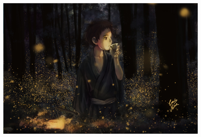 alcohol artist_name brown_eyes brown_hair canis_minor commentary cup drinking glowing holding lantern light_particles male_focus mushishi night rokusuke_(mushishi) sake signature solo standing tree