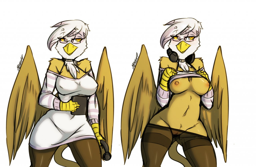 anthro anthrofied avante92 avian big_breasts breasts clothing eyewear female flashing friendship_is_magic gilda_(mlp) glasses gryphon headphones legwear my_little_pony navel nipples pantyhose plain_background pussy solo stockings undressing white_background wide_hips wings
