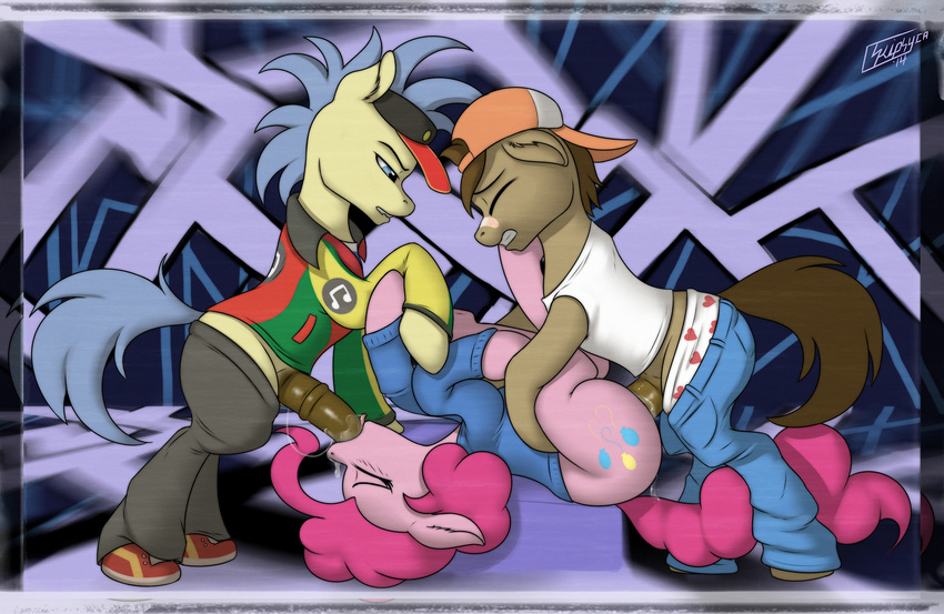 abstract_background animal_genitalia band-aid baseball_cap blue_eyes blue_hair clothing doctor_whooves_(mlp) dripping equine eyes_closed female friendship_is_magic group group_sex hair hat hi_res horse horsecock male mammal musical_note my_little_pony oral penis pink_hair pinkie_pie_(mlp) pony sex skipsy spitroast straight threesome visor