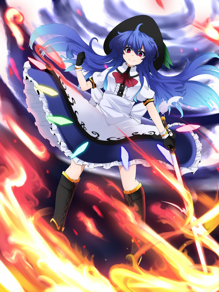 blue_hair boots bow cloud dress fire gensoukyou gloves hat highres hinanawi_tenshi long_hair looking_at_viewer red_eyes rihito_(usazukin) shoes short_sleeves smile solo sword_of_hisou touhou weapon