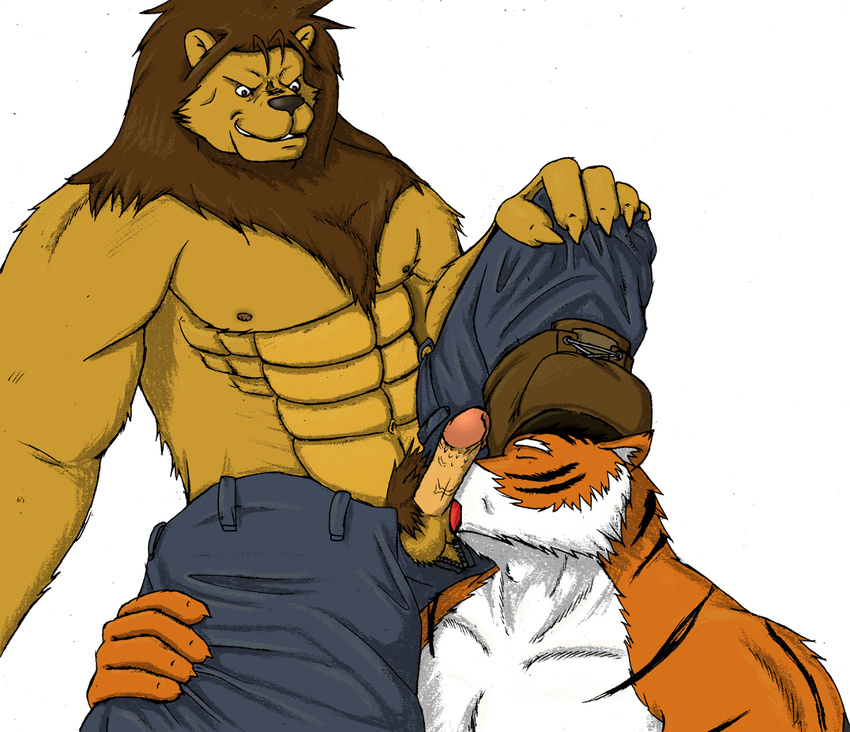 anthro balls boots brown_eyes canine claws clothing eyes_closed feline fur gay glans licking lion male mammal manly muscles navel oral orange_fur pants penis plain_background pubes raus sex simple_background striped_fur tiger tongue vein veiny_penis were werewolf white_background