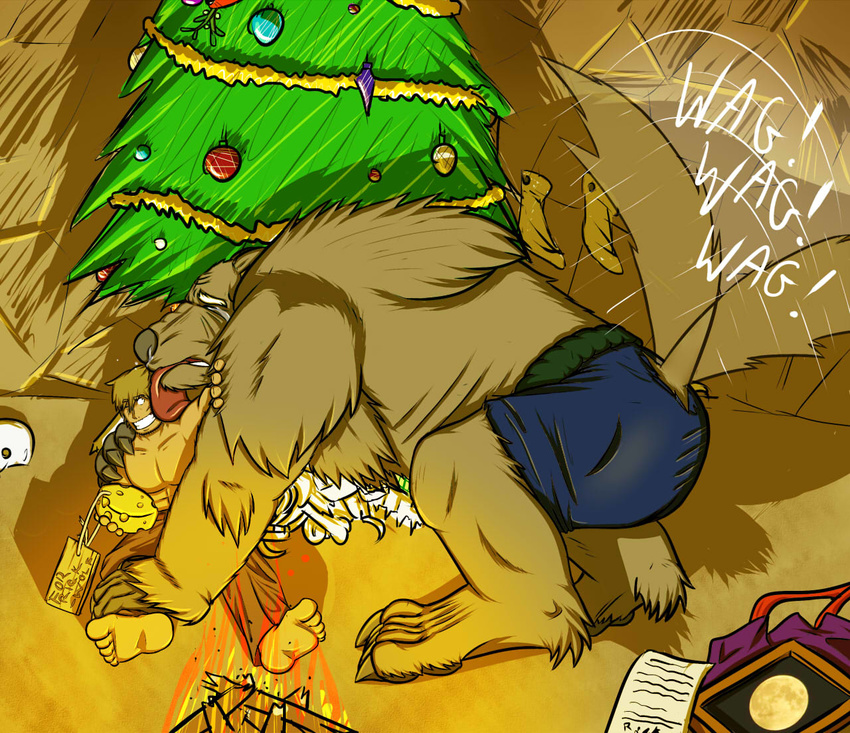 abs barefoot brown_fur brown_hair brown_nose canine cave cheese christmas claws clothed clothing crying eyebrows eyes_closed fire fur hair hindpaw holidays human licking male mammal muscles one_eye_closed pants paws pecs raus rick smile snot teeth text tongue topless tree wagging were werewolf wink wolf