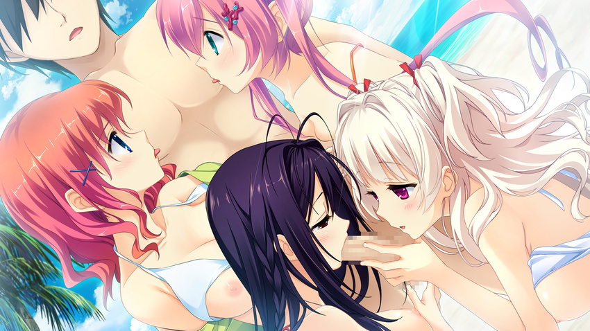 1boy 4girls absurdres areolae beach bikini black_hair blonde_hair blue_eyes blush breasts censored cloud clouds fellatio game_cg girl_sandwich green_eyes hair_ornament hairclip harem highres kitsuki_riho koisuru_natsu_no_last_resort kouzaki_umi large_breasts licking long_hair maki_shiori marui marui_(koedame) multiple_girls nipples ocean oral penis pimp pink_eyes pink_hair purple_eyes purple_hair red_hair sandwiched short_hair sky smile standing swimsuit tongue tsukumi_sango twintails water