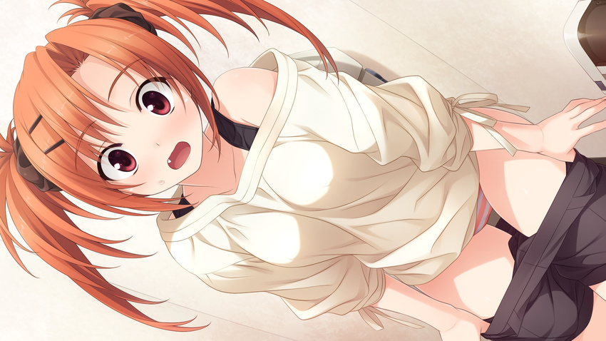 blush dutch_angle fang game_cg hair_ornament hairclip hashimoto_takashi highres imouto_no_katachi long_hair looking_at_viewer off_shoulder open_mouth orange_hair panties pulled_by_self red_eyes shorts shorts_pull striped striped_panties sumeragi_ayaka toilet twintails underwear undressing