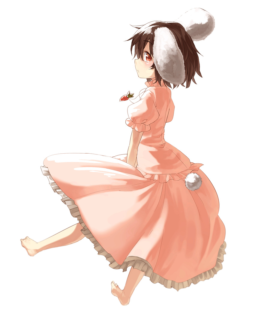 animal_ears barefoot brown_hair bunny_ears bunny_tail carrot dress full_body highres ibuki_notsu inaba_tewi looking_at_viewer pink_dress red_eyes short_hair simple_background solo tail touhou white_background