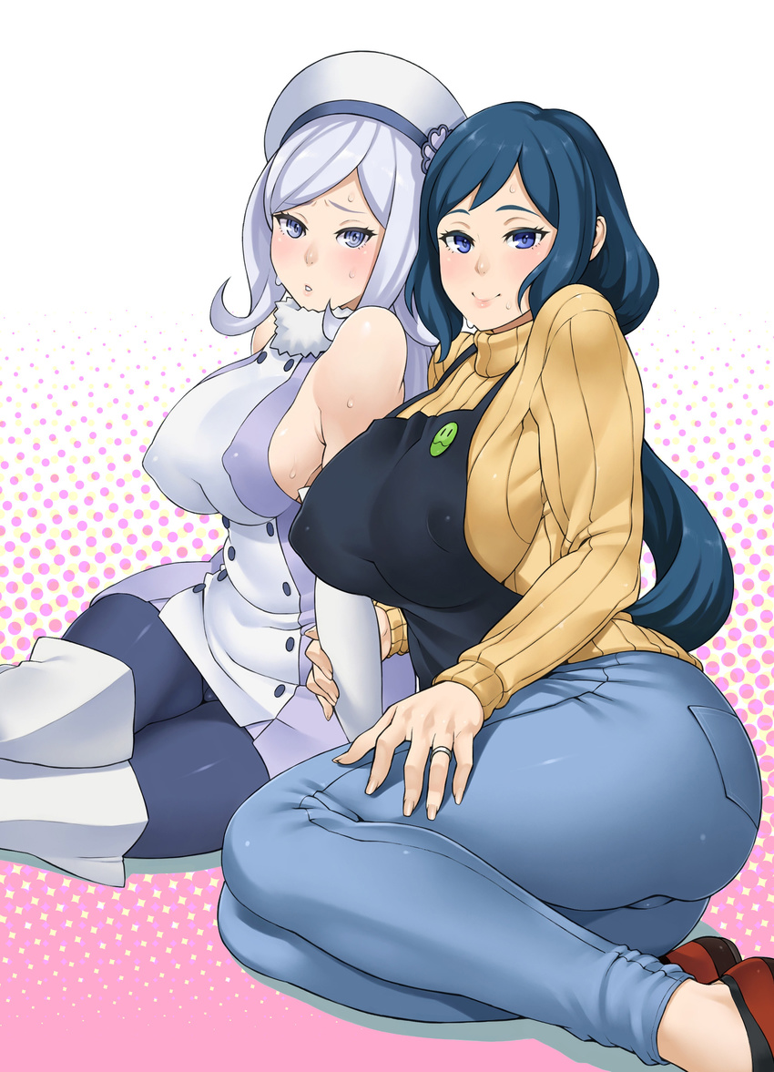 absurdres aila_jyrkiainen apron arm_holding ass badge bangs bare_shoulders beret blue_eyes blue_hair blue_legwear blush boots breasts button_badge buttons covered_nipples curvy denim dress elbow_gloves fingernails flipped_hair fur_trim gloves gradient gradient_background gundam gundam_build_fighters halterneck hand_on_thigh haro haro_button_badge hat highres iori_rinko jeans jewelry large_breasts long_fingernails long_hair long_sleeves looking_at_viewer low_ponytail mature multiple_girls open_mouth pants pantyhose parted_lips ponytail reclining ribbed_sweater ring shadow short_dress sideboob silver_hair simple_background sitting smile sweat sweater swept_bangs thick_thighs thigh_boots thighhighs thighs turtleneck wedding_band white_legwear yokozuwari zonda_(solid_air)