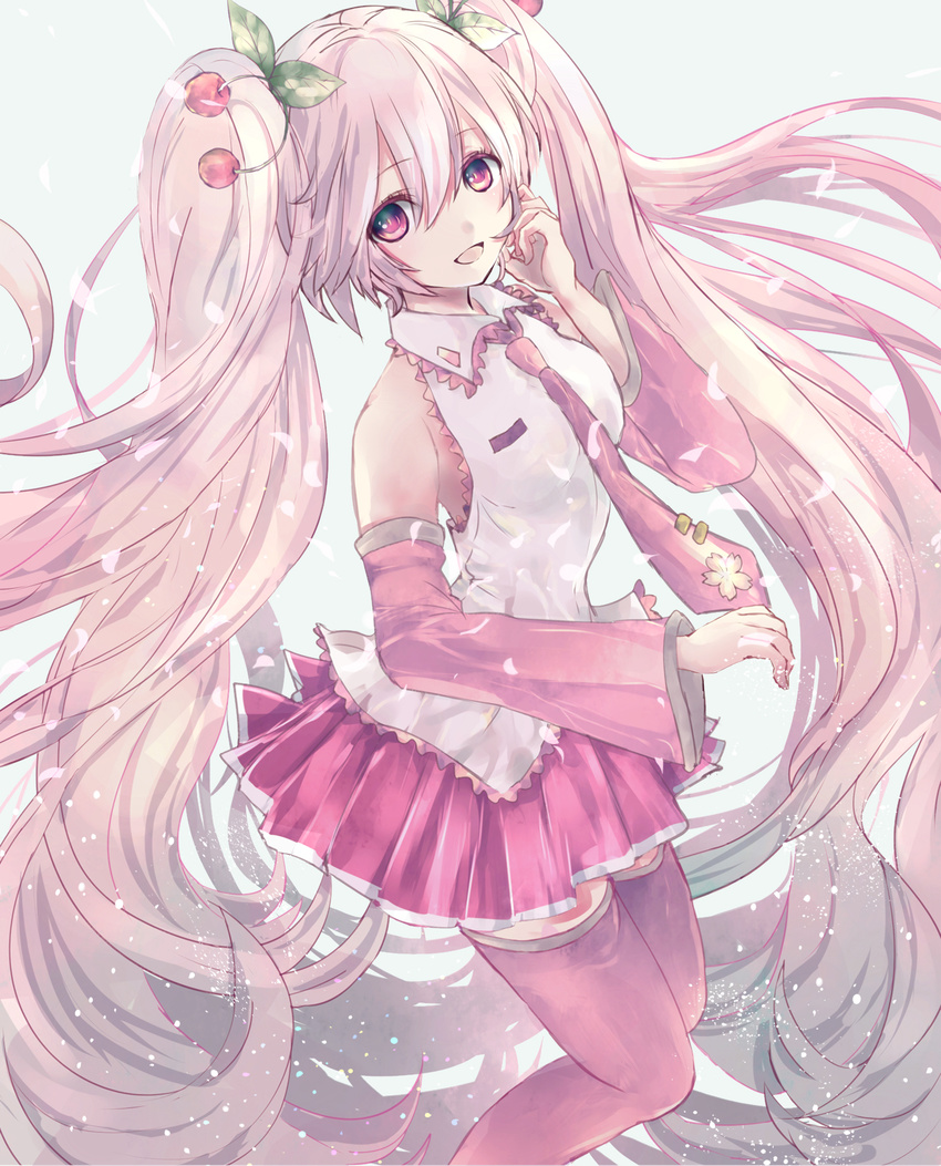 alicetype cherry detached_sleeves food fruit hatsune_miku highres long_hair necktie open_mouth petals pink_eyes pink_hair sakura_miku skirt solo thighhighs twintails very_long_hair vocaloid