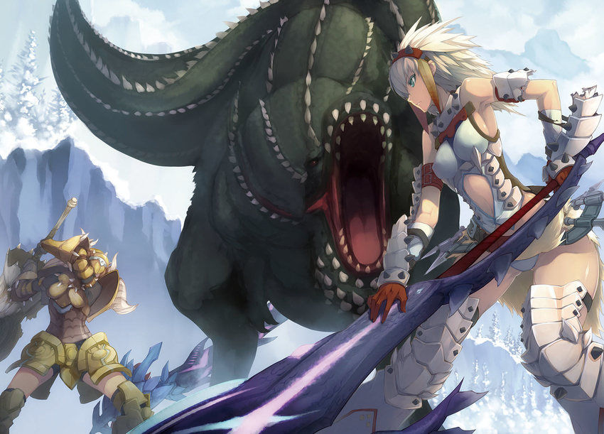 armor axe barioth_(armor) blue_eyes deviljho diablos_(armor) fangs gloves hairband highres lance monster_hunter multiple_girls open_mouth polearm red_eyes shingo_(missing_link) snow sword tail uragaan_(armor) weapon white_hair