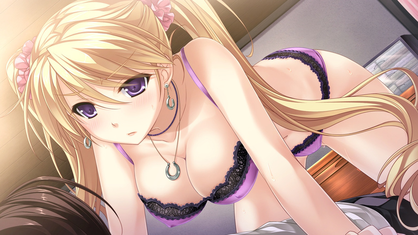 1girl blonde_hair bra breasts brown_hair cleavage collarbone covered_nipples dutch_angle earrings game_cg girl_on_top hanging_breasts highres indoors jewelry kujou_karen_(tsukumo_no_kanade) lace lace-trimmed_bra lace-trimmed_panties large_breasts long_hair looking_at_another navel necklace panties purple_eyes saeki_hokuto scrunchie solo_focus sweat tsukumo_no_kanade twintails underwear underwear_only