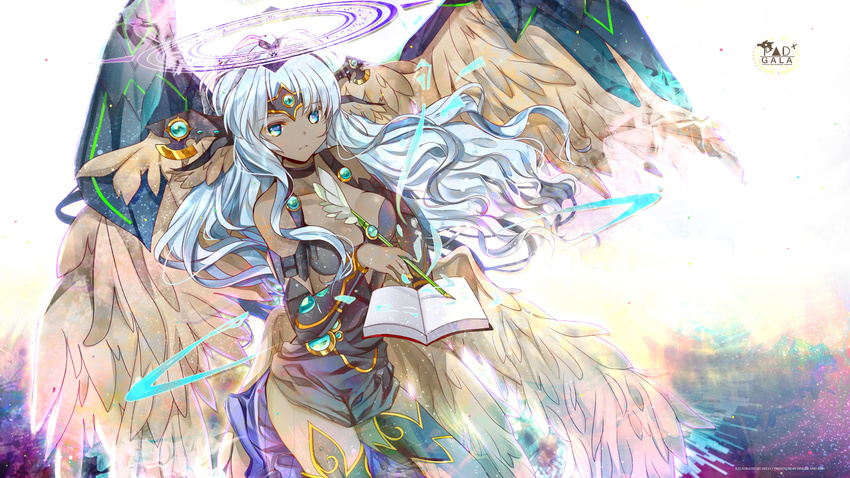 archangel_metatron_(p&amp;d) bare_shoulders blue_eyes book breasts cleavage dark_angel_metatron_(p&amp;d) dark_skin fountain_pen halo headband heco_(mama) highres long_hair looking_at_viewer medium_breasts pen puzzle_&amp;_dragons silver_hair solo wings