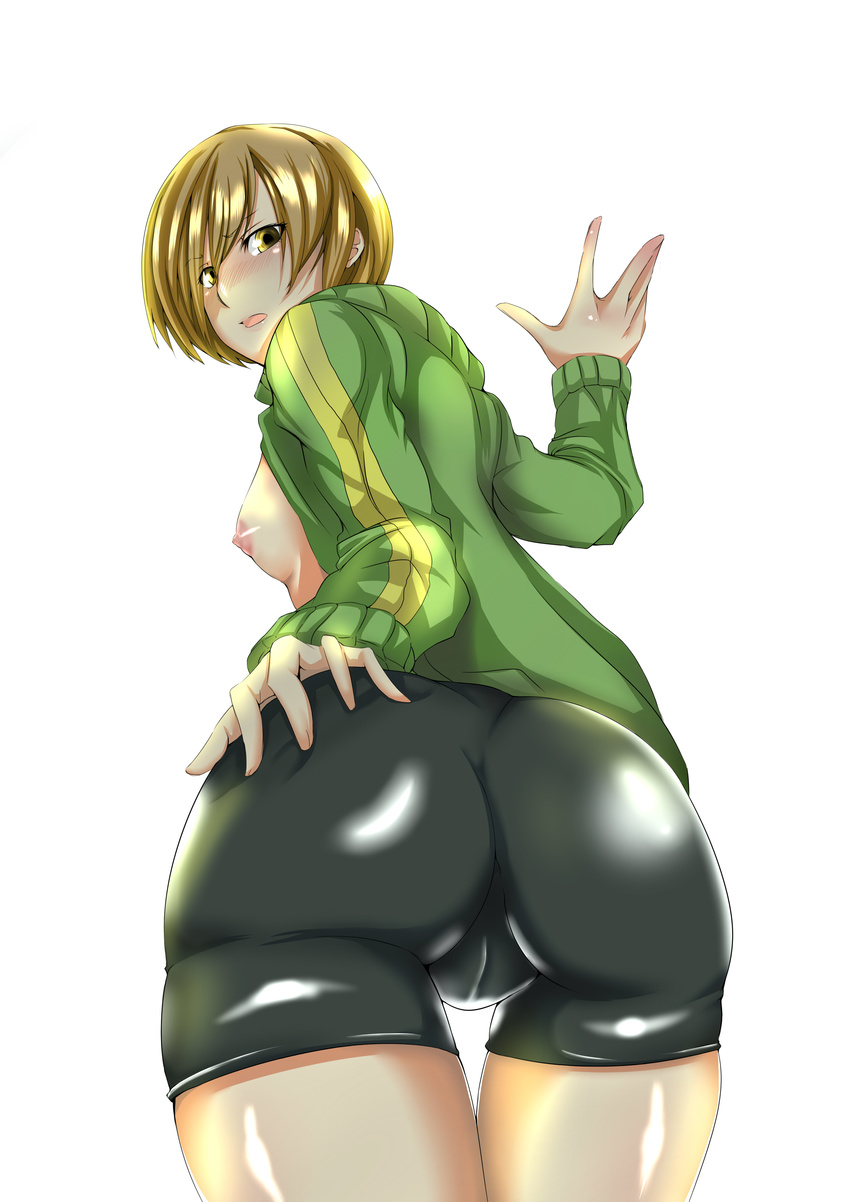 absurdres ass ass_grab bike_shorts blush breasts brown_eyes brown_hair cameltoe deep_skin from_behind gggg grabbing_own_ass hand_on_ass highres jacket looking_back looking_down nipples open_mouth persona persona_4 satonaka_chie sh shadow short_hair small_breasts solo track_jacket