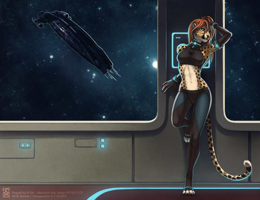 armpits cheetah clothing elbow_gloves eve_(game_series) eve_online feline female gloves machariel mammal midriff pinup pose sci-fi shinigamigirl solo space spacecraft standing tight_clothing