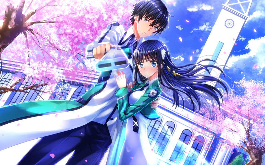 1girl blazer blue_eyes blue_hair blue_sky blurry bridge brother_and_sister building cherry_blossoms clock clock_tower clockwork day depth_of_field dutch_angle floating_hair gun handgun highres jacket mahouka_koukou_no_rettousei pants petals pistol plant railing school_uniform shiba_miyuki shiba_tatsuya siblings sky swordsouls tower tree weapon wind