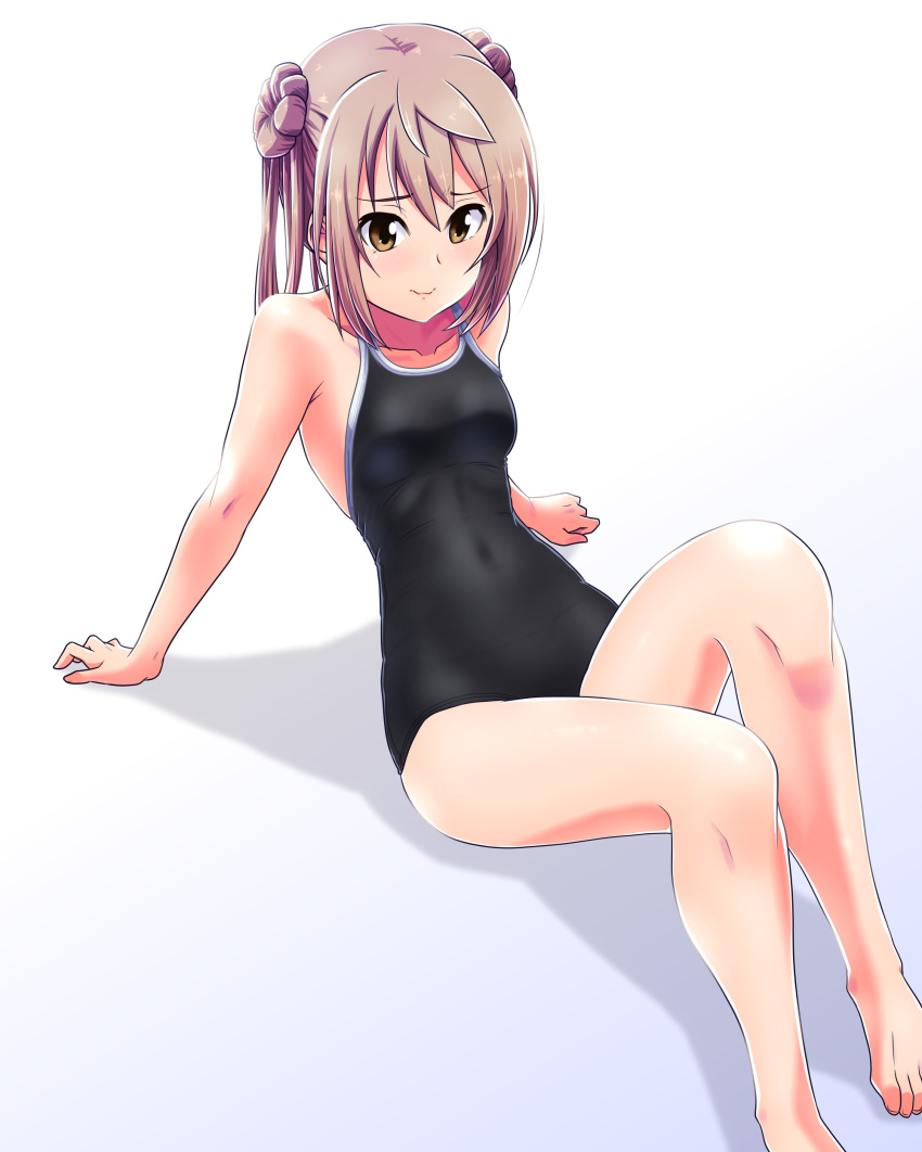 1girl absurdres alternate_costume arm_support barefoot black_swimsuit breasts commentary_request competition_school_swimsuit feet_out_of_frame hair_bun highres kantai_collection light_brown_hair michishio_(kantai_collection) one-piece_swimsuit school_swimsuit shadow short_twintails simple_background sitting small_breasts solo swimsuit tennouji_masamichi twintails white_background yellow_eyes