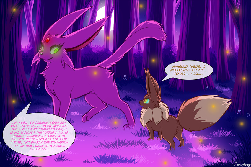 all_fours ambiguous_gender butt candyfoxy canine comic dialog eevee eeveelution english_text espeon female feral forest hypnosis mammal mind_control nintendo open_mouth pok&#233;mon pok&eacute;mon standing text tongue tree video_games
