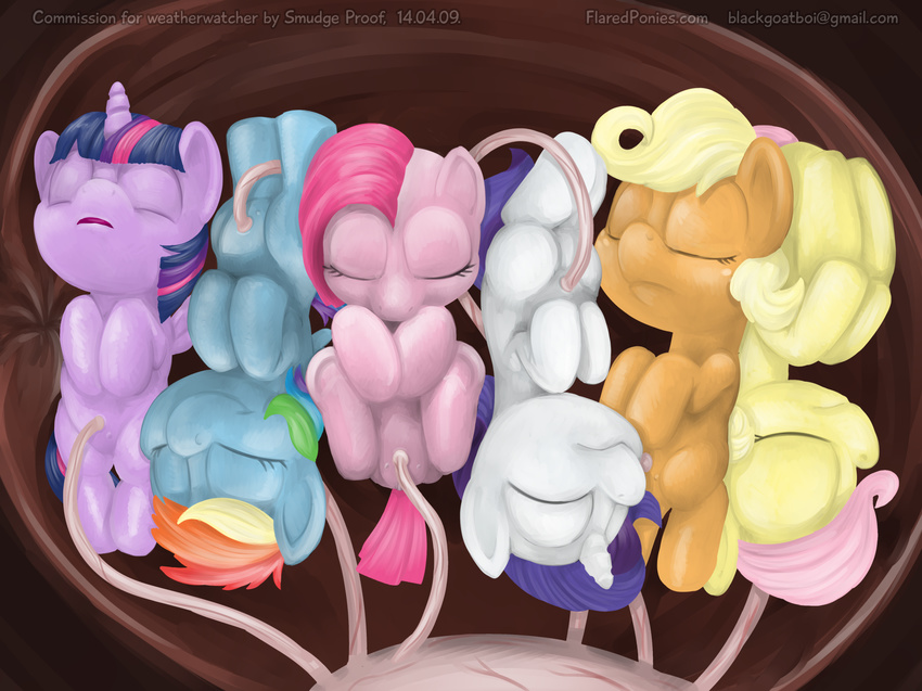 age_regression alicorn_amulet applejack_(mlp) blonde_hair blue_hair cowboy_hat cub english_text equine female fluttershy_(mlp) friendship_is_magic group hair hat horn inside mammal multi-colored_hair my_little_pony pegasus pink_eyes pink_hair pinkamena_(mlp) pinkie_pie_(mlp) purple_hair rainbow_dash_(mlp) rainbow_hair rarity_(mlp) sleeping smudge_proof teats text trixie_(mlp) twilight_sparkle_(mlp) umbilical_cord unicorn wings womb young