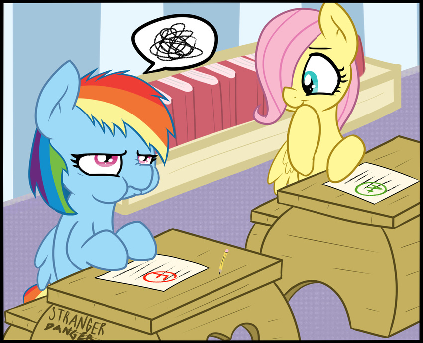 a+ annoyed blue_eyes book bookshelf desk duo equine female fluttershy_(mlp) friendship_is_magic hair littlest_pet_shop mammal multi-colored_hair my_little_pony paper pegasus pencil pink_hair purple_eyes rainbow_dash_(mlp) rainbow_hair strangerdanger t&#233;st t&eacute;st wings