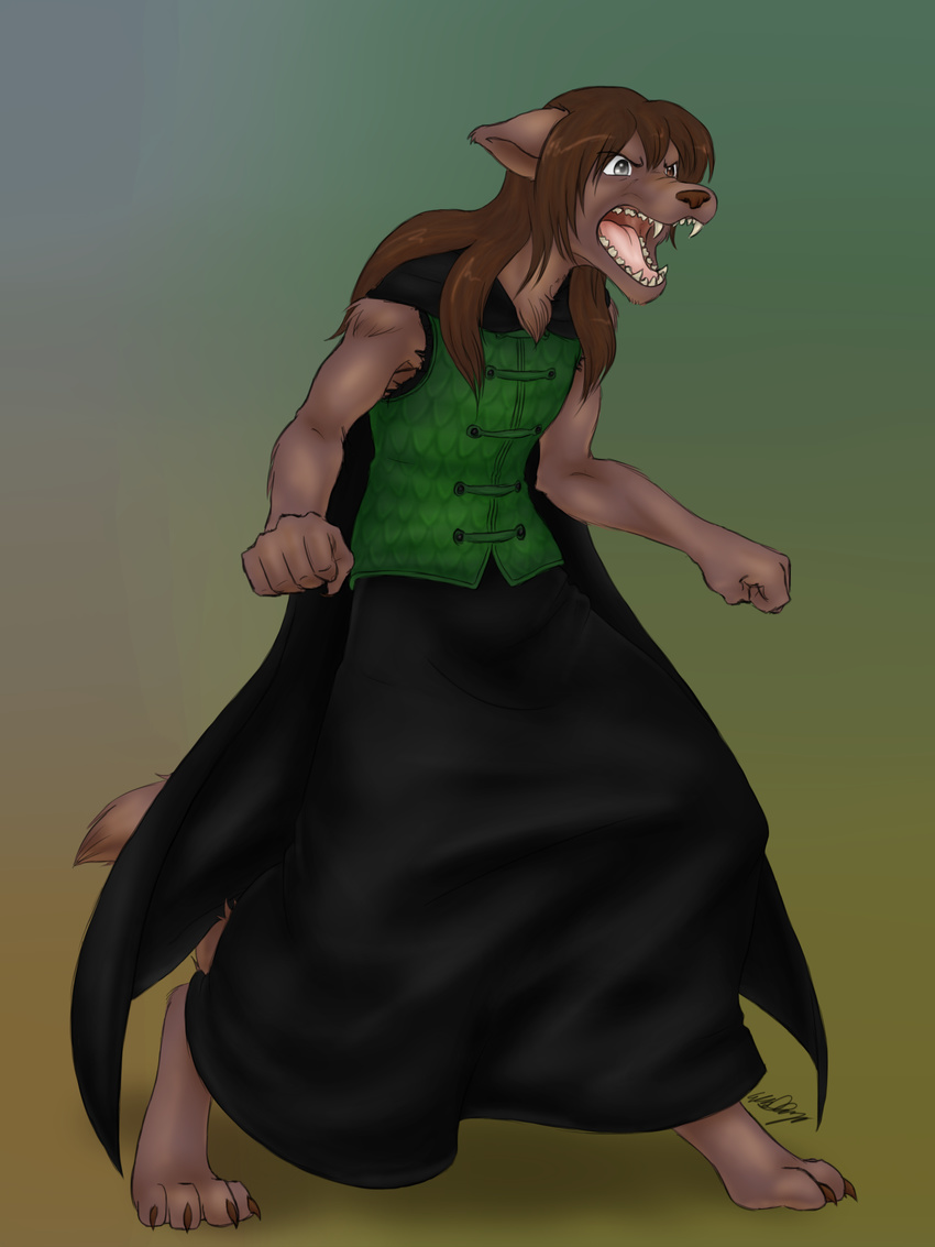angry brown_fur brown_hair canine claws digitigrade fangs fur hair heterochromia hindpaw keidran mammal natani open_mouth paws plain_background robe sanchaysquirrel solo teeth tongue twokinds vest wolf yelling