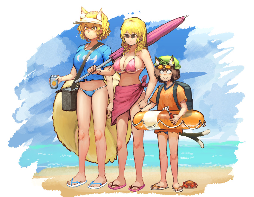 3girls absurdres animal_ears arms_at_sides backpack bag beach beach_umbrella bikini black_eyes blonde_hair blue_bikini blue_bikini_bottom blue_shirt blue_sky breasts brown_hair cat_ears cat_tail chanta_(ayatakaoisii) chen clenched_hand cloud competition_swimsuit crab day drink earrings expressionless flat_chest fox_tail green_hat hat highres hips holding_drink horizon innertube jewelry knees large_breasts legs looking_afar multiple_girls multiple_tails ocean one-piece_swimsuit orange_shirt pink_bikini pink_bikini_top pink_sarong purple_umbrella sandals shiny shiny_hair shirt short_sleeves sidelocks sky slit_pupils standing stomach summer sunglasses sweatdrop swimsuit tail thighs touhou two_tails umbrella visor_cap wavy_hair yakumo_ran yakumo_yukari yellow_eyes