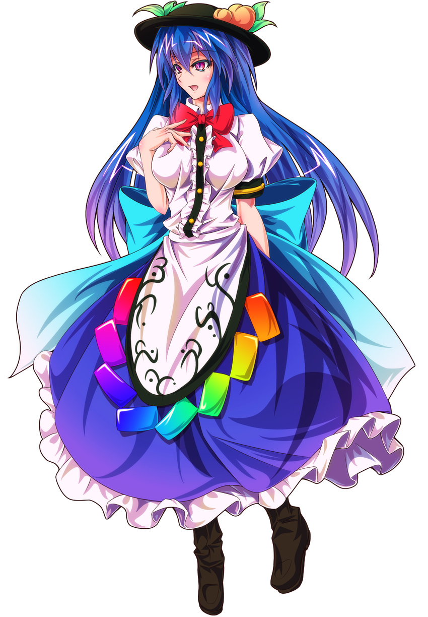 blue_hair bow food fruit full_body hand_on_own_chest hat highres hinanawi_tenshi long_hair open_mouth peach purple_eyes tachi-e touhou transparent_background zephid