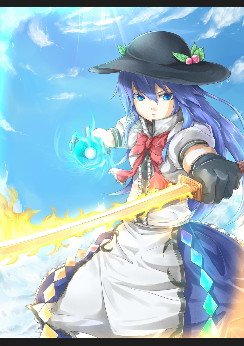 black_gloves black_hat blue_eyes blue_hair blue_skirt bow cloud day dress energy_ball food frown fruit gloves hat highres hinanawi_tenshi long_hair peach red_bow shirt short_sleeves skirt sky solo sunlight sword sword_of_hisou touhou weapon white_shirt yomi_(yomi14_pyaon)