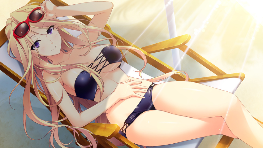 bandeau bikini black_bikini blonde_hair breasts chair crossed_legs eyewear_lift eyewear_on_head game_cg glasses hand_on_own_stomach highres kariu_nagisa koisuru_natsu_no_last_resort large_breasts light_particles long_hair marui_(koedame) purple_eyes red-framed_eyewear sitting smile solo sunbathing sunglasses swimsuit