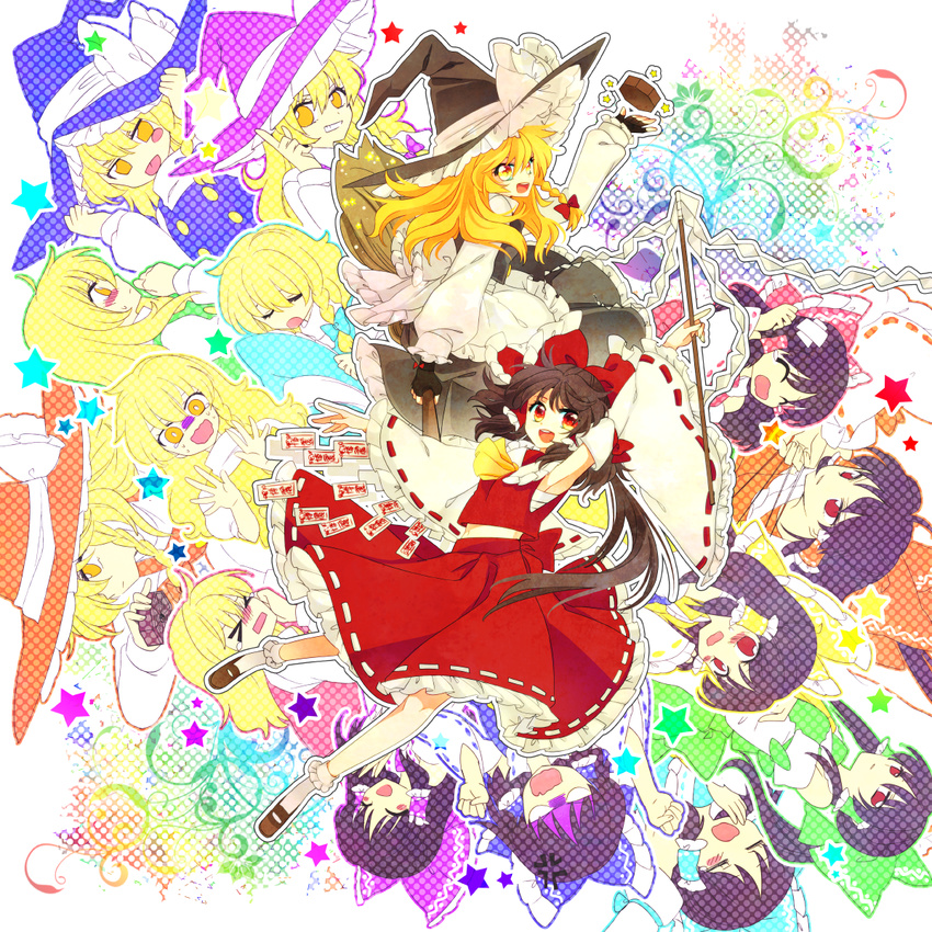 &gt;_&lt; ^_^ apron arm_up armpits ascot blonde_hair blush blush_stickers bow braid broom broom_riding brown_hair clenched_hand clenched_hands closed_eyes detached_sleeves dress fingerless_gloves frown gloves gohei hair_bow hair_tubes hakurei_reimu hands hat hat_bow hat_removed headwear_removed highres holding holding_hat kirisame_marisa legs long_hair long_sleeves looking_at_viewer mini-hakkero multiple_girls muzuki_uruu needle ofuda oonusa open_mouth pointing pointing_up red_bow red_eyes ribbon shoes smile socks tears teeth tongue tongue_out touhou white_bow white_legwear wide_sleeves witch_hat yawning yellow_eyes