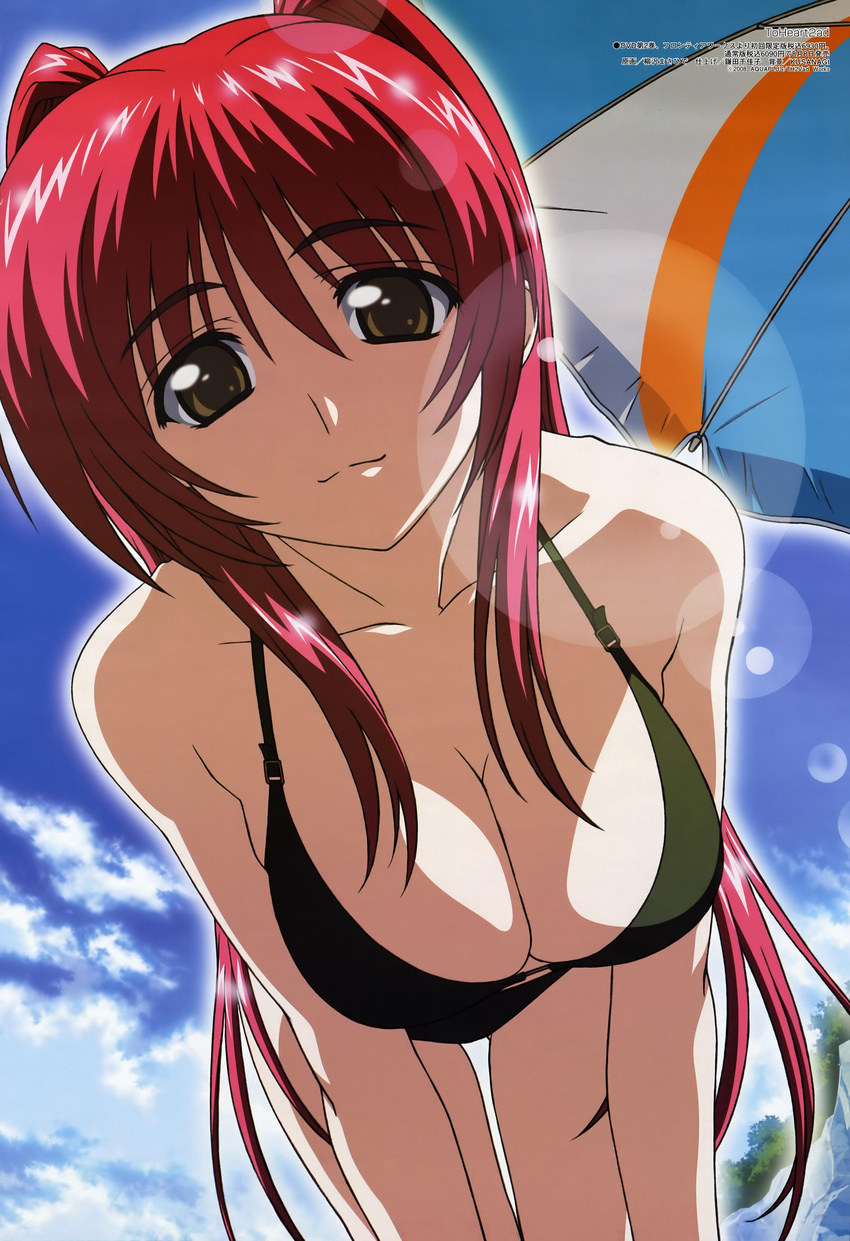 1girl :d absurdres all_fours arms bangs bare_shoulders beach bent_over bikini black_bikini black_swimsuit blue_sky breasts brown_eyes cleavage cliff cloud collarbone copyright_name dutch_angle face female foreshortening hair_between_eyes hair_intakes halterneck highres kousaka_tamaki large_breasts lens_flare long_hair long_image looking_at_viewer megami official_art open_mouth outdoors outline parted_bangs payot pinup red_hair scan shiny shiny_hair sidelocks sky smile solo swimsuit tall_image text thigh_gap thighs to_heart_2 to_heart_2_ad tree umbrella very_long_hair yanagisawa_masahide